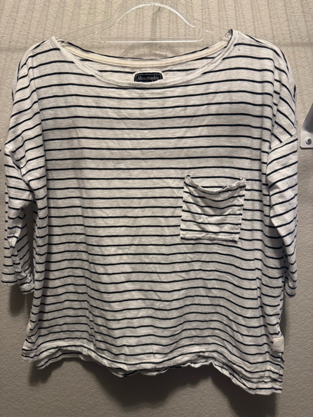 Abercrombie & Fitch White and Black Striped Long Sleeve Pocket Tee